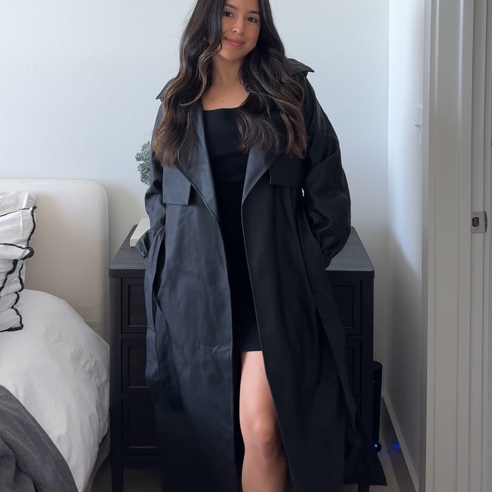 Leather long trench coat